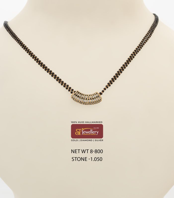 Double line gold mangalsutra with diamond curved pendant and black bead chain – modern jewellery by ST Jewellery Manufacturers Thrissur