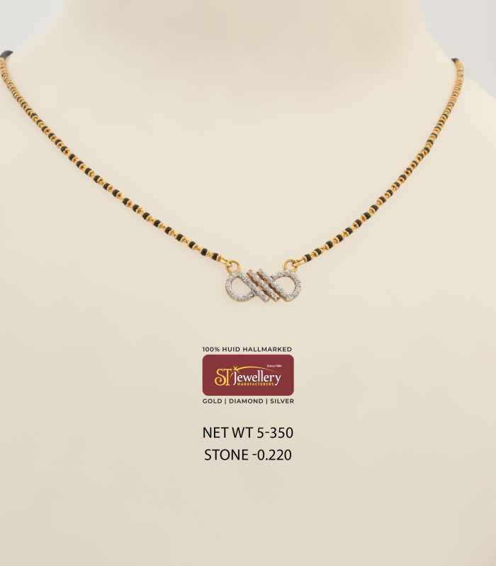 Gold mangalsutra with infinity diamond pendant and black bead chain – modern lightweight jewellery by ST Jewellery Manufacturers Thrissur