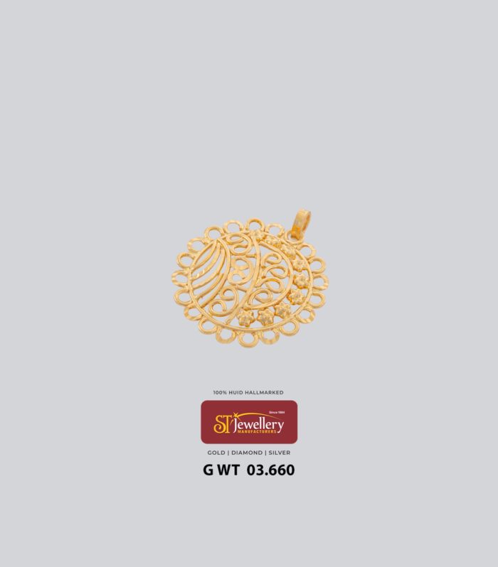 Round gold pendant with intricate filigree swirl design and decorative floral accents – elegant handcrafted jewellery by ST Jewellery Manufacturers