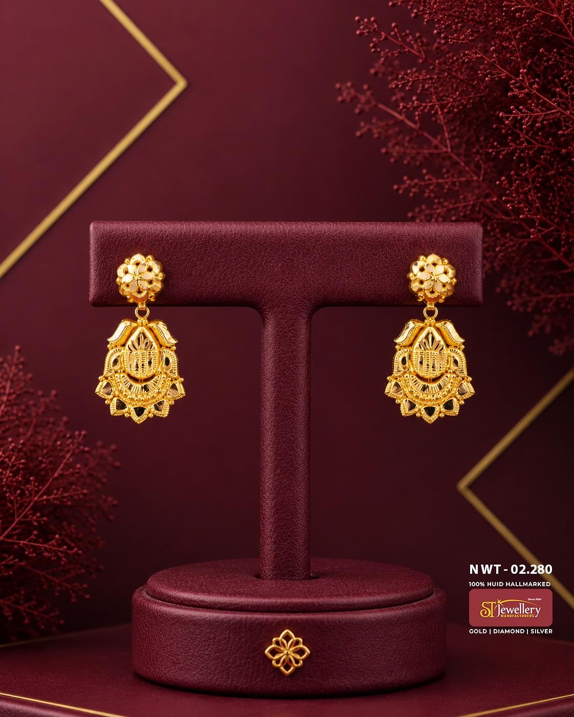 Traditional floral gold stud earrings featuring intricate temple-inspired filigree craftsmanship with an elegant antique finish, perfect for weddings, festive occasions, and ethnic wear.