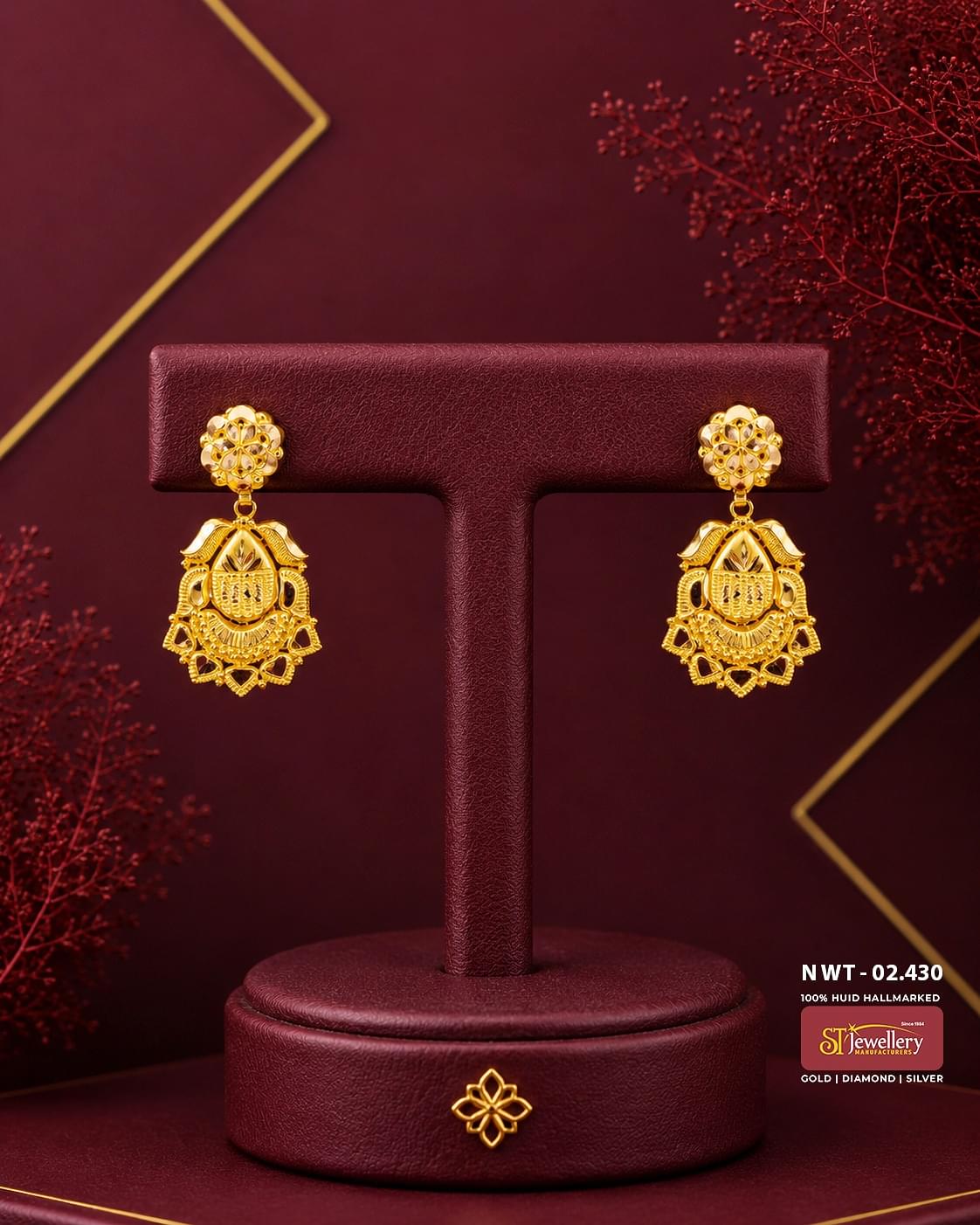 Traditional floral gold stud earrings featuring intricate temple-inspired filigree craftsmanship with an elegant antique finish, perfect for weddings, festive occasions, and ethnic wear.