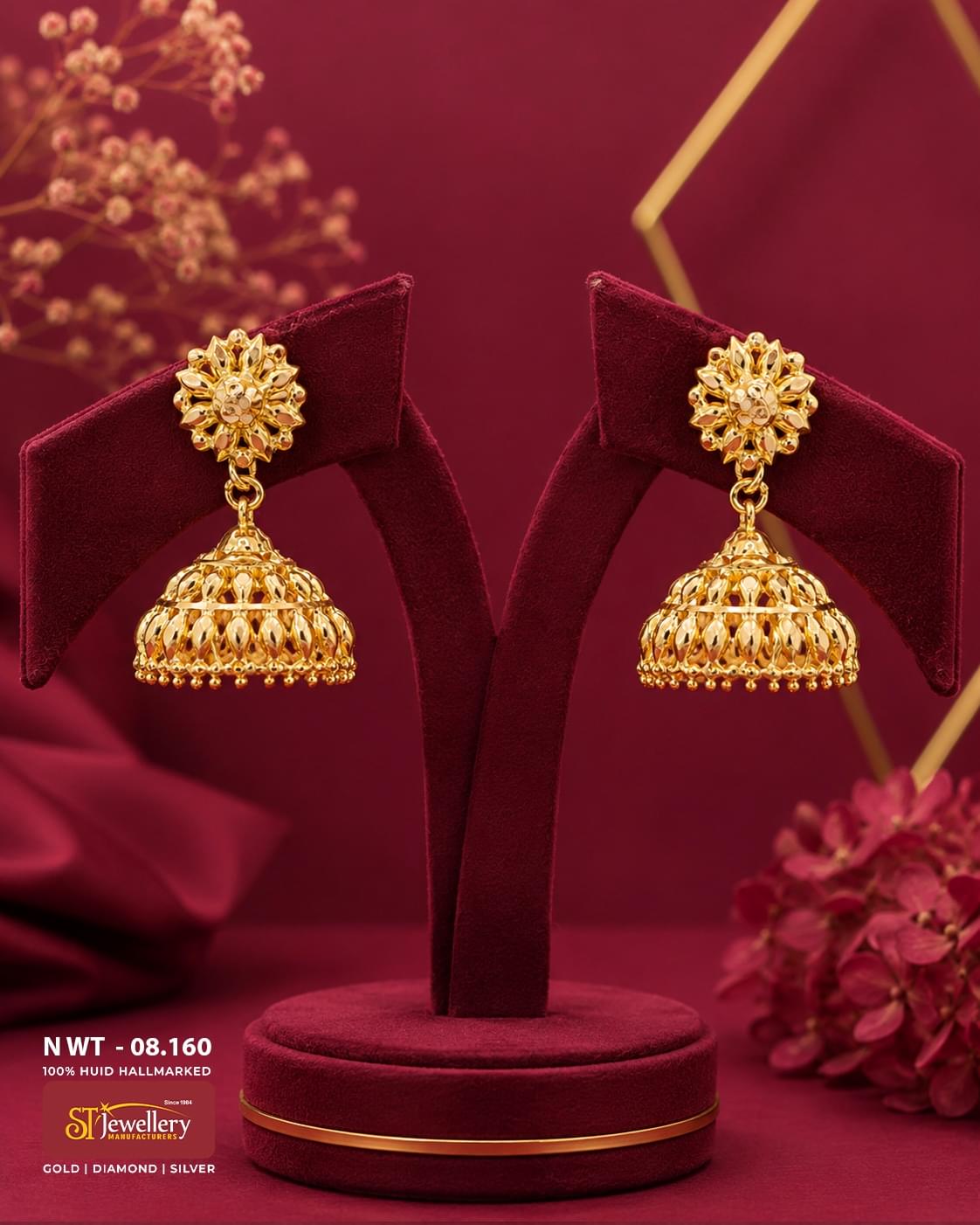 Traditional antique gold jhumka earrings with floral stud design, handcrafted openwork dome pattern, and elegant South Indian temple jewellery craftsmanship.