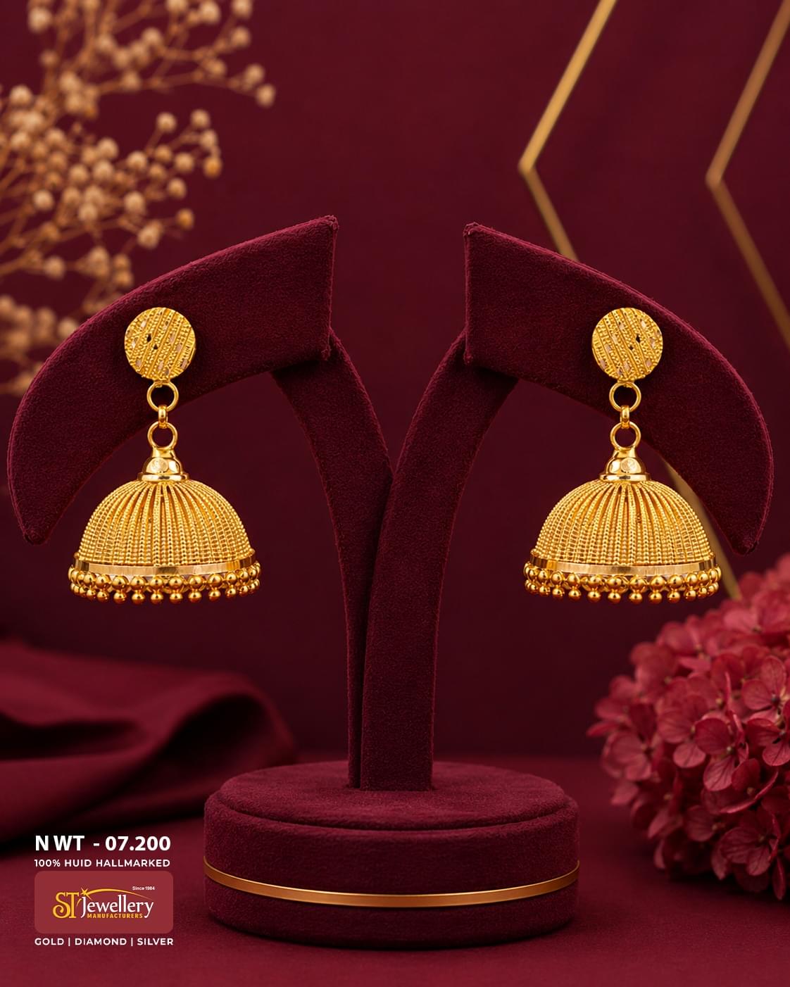 Traditional ribbed gold jhumka earrings with textured round stud tops, handcrafted South Indian gold jewellery for weddings and festive occasions.