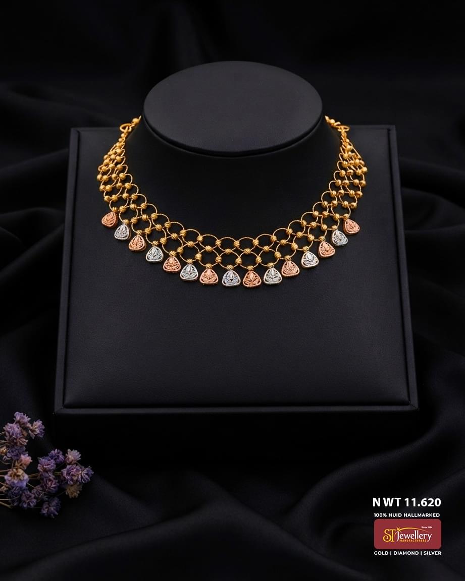Lightweight tri-colour gold necklace with intricate interlinked design and rose gold and white gold teardrop motifs for women.