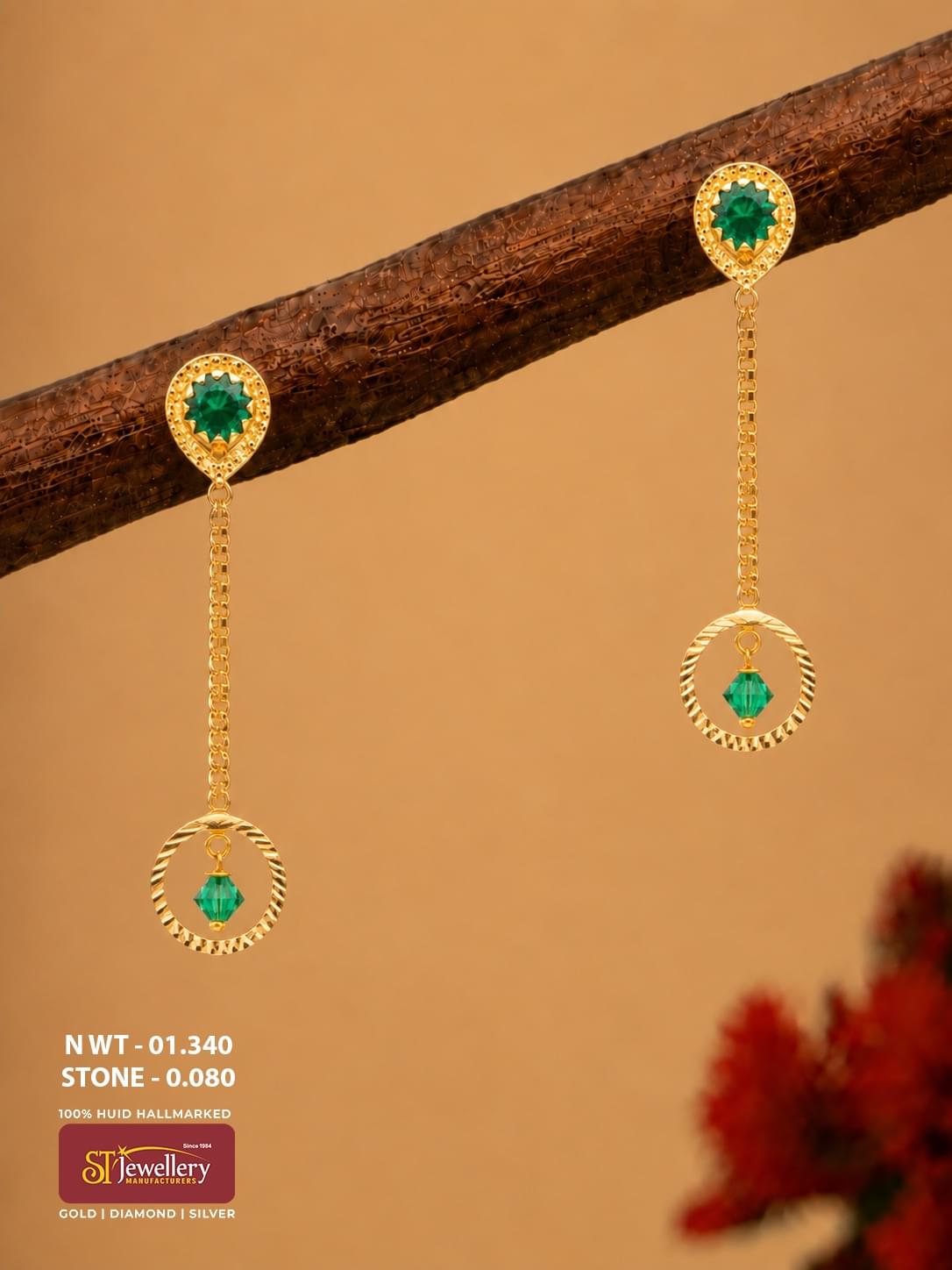 Lightweight gold chain drop earrings with green stones and circular hanging design for women.