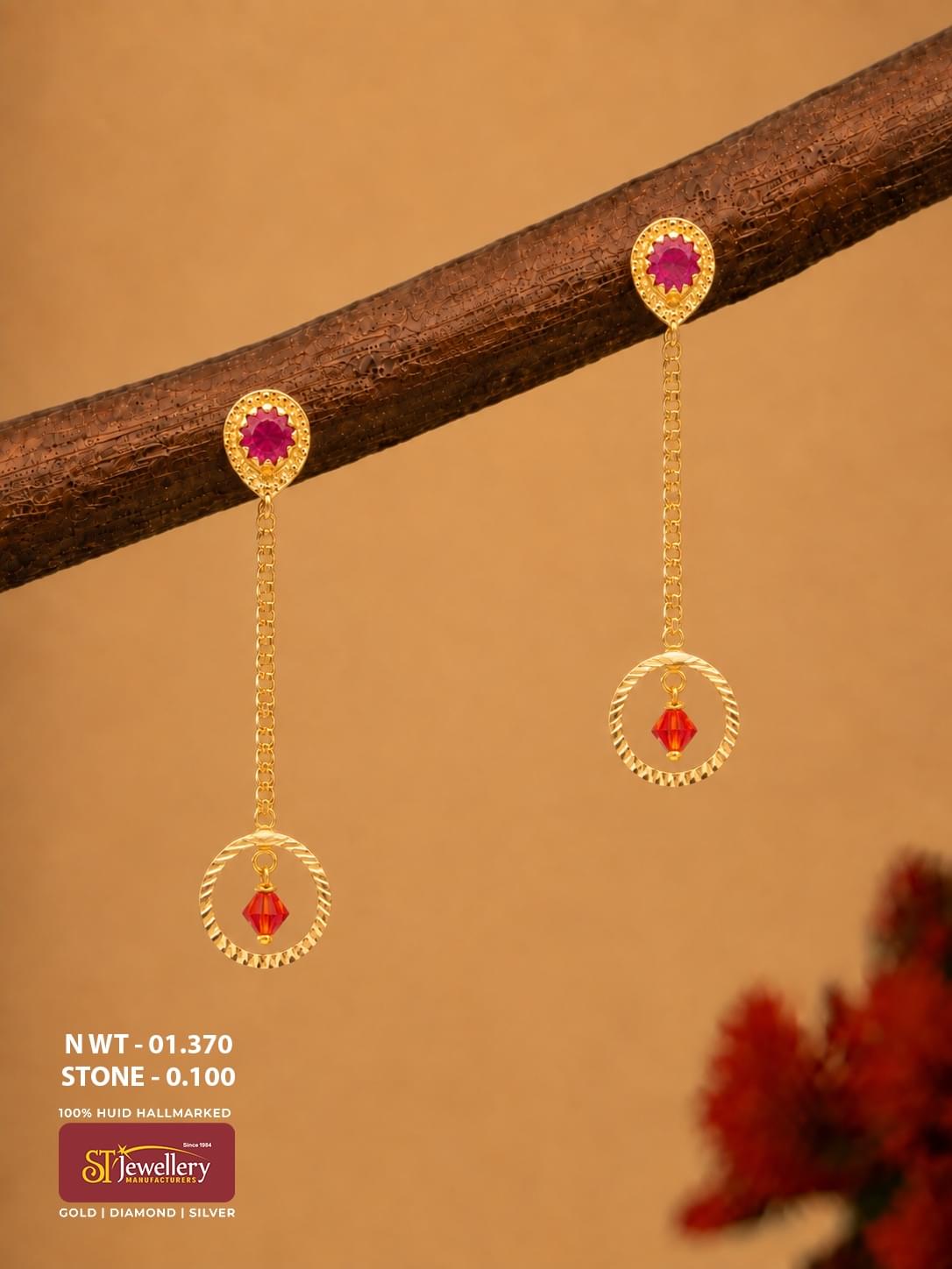 Lightweight gold chain drop earrings with pink stone studs and circular hanging red stone design for women.