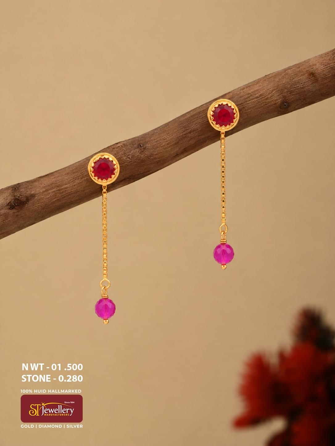 Lightweight gold chain drop earrings with red stone studs and pink faceted bead drops for women.