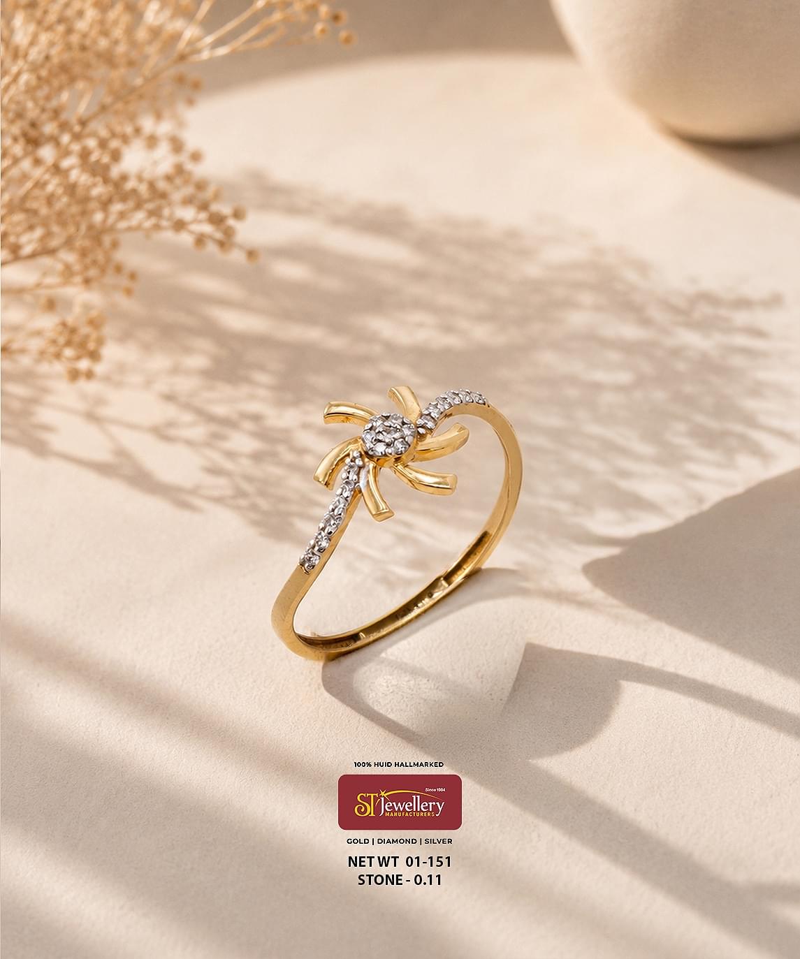 Lightweight gold ring for women featuring an elegant floral swirl design with sparkling white stones, ideal for stylish daily wear.