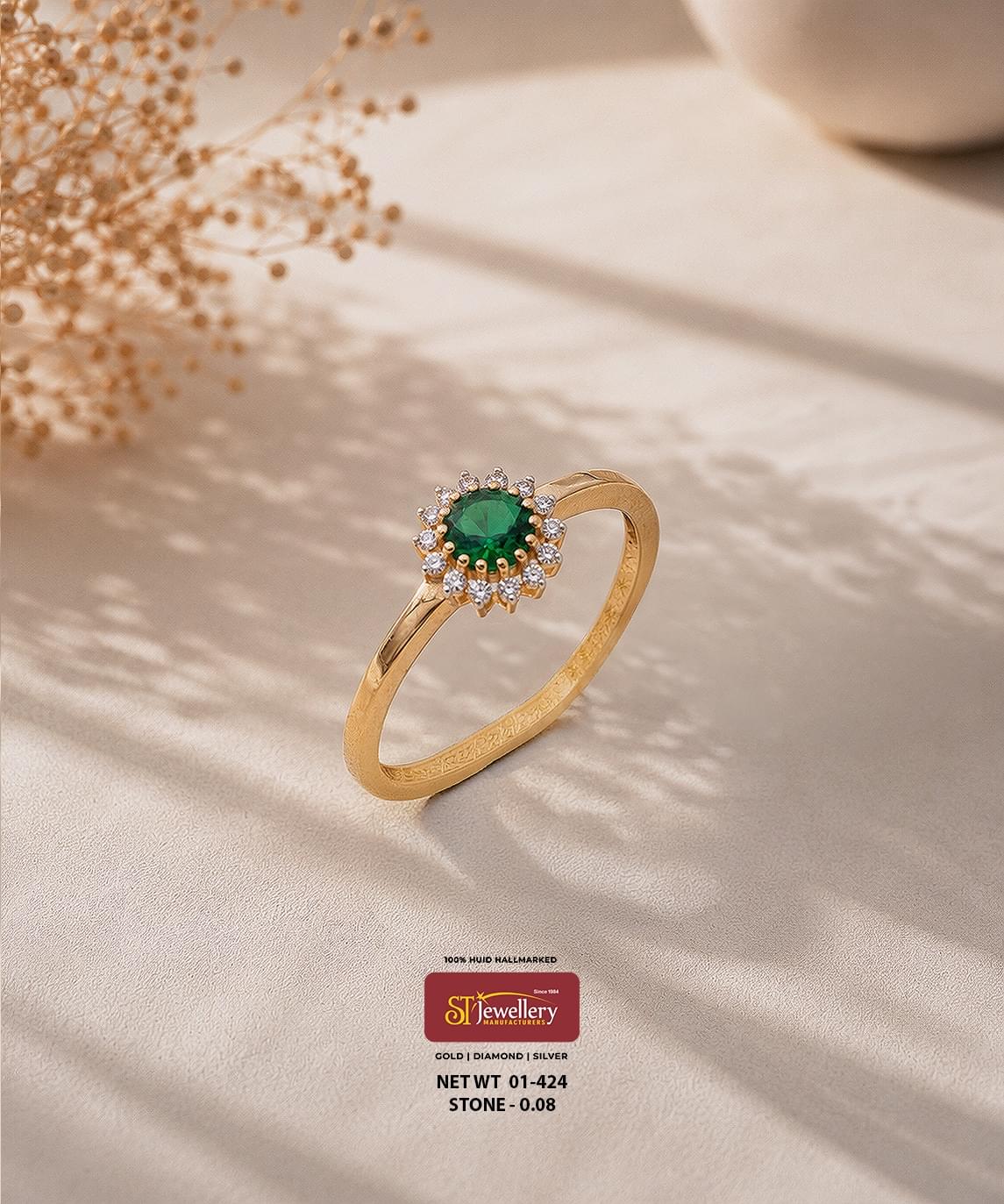 Elegant gold ring for women featuring a round green stone surrounded by sparkling white stones in a floral halo design, perfect for daily wear and special occasions.
