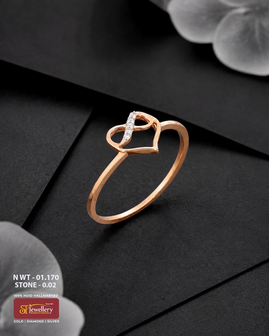 916 HUID hallmarked rose gold ring featuring a modern heart and infinity-inspired openwork design accented with sparkling white stones.