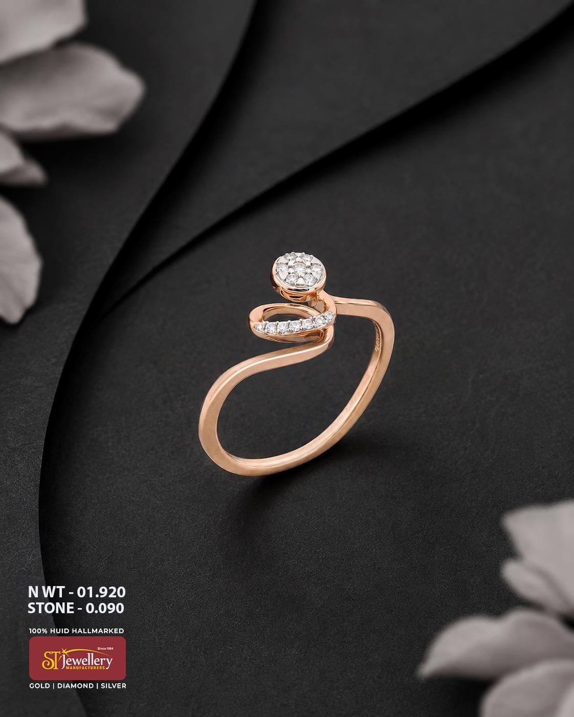 Elegant rose gold ring featuring a modern swirl design with a round cluster of white stones and delicate stone accents, displayed on a premium matte black background.