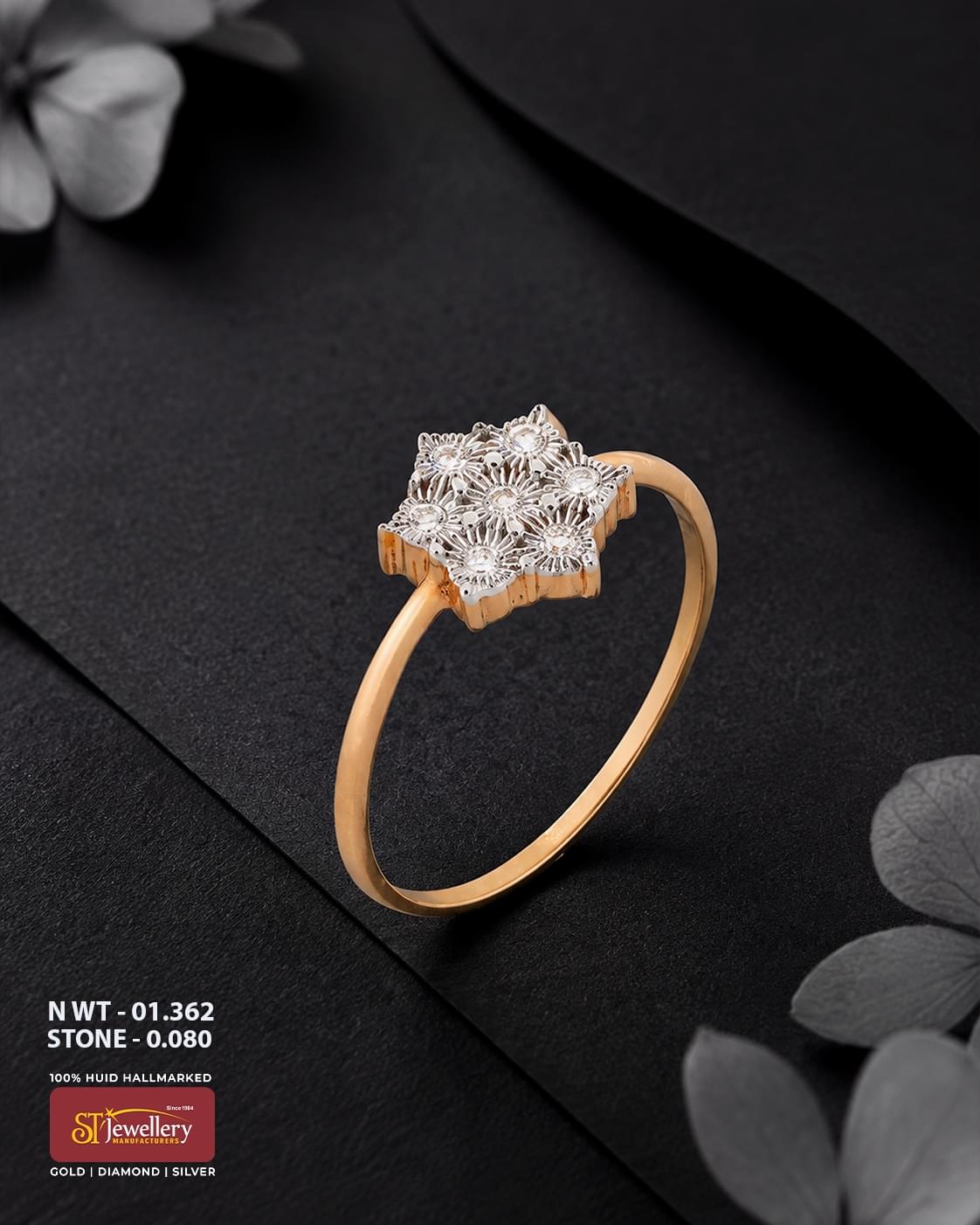 Elegant gold ring featuring an intricate floral cluster design with white-toned flower details, displayed on a premium matte black background.